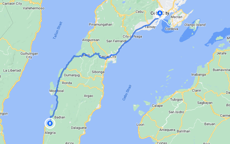 Map Direction of Cebu City to Kawasan Falls